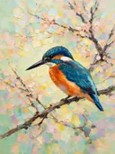 Ijsvogel op een tak in olijf, schilderij van ijsvogel op een tak, met het paletmes geschilderd