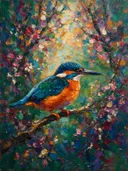 Ijsvogel op een tak in turkoois, schilderij van ijsvogel op een tak, met het paletmes geschilderd