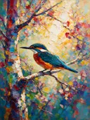 Ijsvogel op een tak, schilderij van ijsvogel op een tak, met het paletmes geschilderd