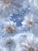 Schilderij van ijswitte bloesems in een besneeuwd berglandschap