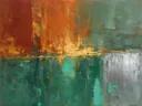 Abstract schilderij met het paletmes in ijzerrood en jade