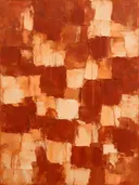 Abstract schilderij met het paletmes in ijzerrood en perzik