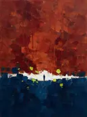 Ijzerrood en pruisisch blauw van onderaf, abstract schilderij met het paletmes