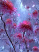 Schilderij van ijsroze chrysanten in een besneeuwd sprookjesbos met een lichtgevende vlinder