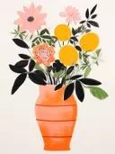 Illustratie van een boeket met een roze bloem, citrusfruit en een oranje vaas.