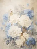 Illustratie van crèmekleurige en blauwe pioenrozen.
