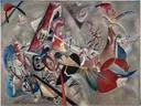 Im Grau, 1919, GAC van Wassily Kandinsky: abstract met vormen, lijnen, vlakken en kleuren, in grijs met rood en blauw