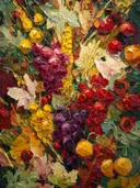 Stilleven schilderij van bloemen en druiven in impasto-stijl
