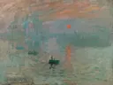 Impression, soleil levant van Claude Monet: zee met zonsopgang, haven, bootjes en mist, in grijsblauw met oranje