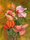 Olieverfschilderij van een kleurrijk bloemenboeket