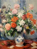Impressionistisch bloemstilleven met pioenrozen en klaprozen in een blauwe vaas