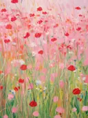 Impressionistisch schilderij van een klaprozenveld in roze tinten