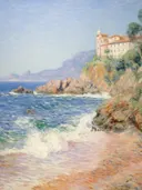 Impressionistisch kustlandschap met villa op de rotsen en brekende golven