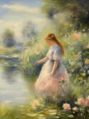 Impressionistisch schilderij van een meisje bij een rivieroever met rozen