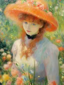 Impressionistisch portret van een meisje met een oranje bloemenhoed