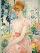 Impressionistisch portret van een meisje in roze jurk bij het venster