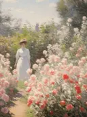Impressionistisch schilderij van een vrouw wandelend over een rozenpad