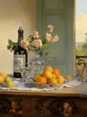 Impressionistisch stilleven met citrusvruchten en bloemen