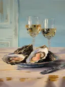 Impressionistisch stilleven met oesters en witte wijn
