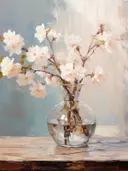 Impressionistisch stilleven met witte bloesem in een glazen vaas