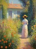 Impressionistisch schilderij van een tuinpad met bloemen naar een huisje