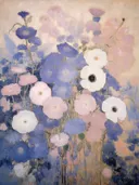 Impressionistisch schilderij van een bloemenveld met blauwe, roze en witte anemonen.