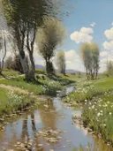 Impressionistisch landschap met een beek in het voorjaar