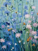 Impressionistisch schilderij van een blauwe bloemenweide