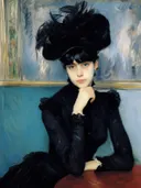 Impressionistisch schilderij van een dame met zwarte veren hoed
