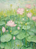 Impressionistisch schilderij van een lotusvijver in de namiddag