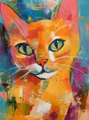 Oranje kat met groen-blauwe ogen geschilderd in expressieve kleurrijke penseelstreken