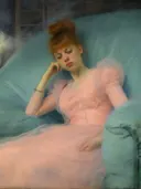 Impressionistisch portret van een rustende dame in roze jurk