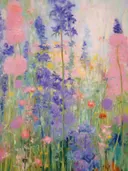 Impressionistisch schilderij van een tuin vol ridderspoor en stokrozen