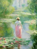 Impressionistisch schilderij van een vrouw bij een waterlelievijver