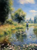 Impressionistisch landschap met waterlelies en een vrouw in de vijver