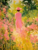 Impressionistisch schilderij van een vrouw in een bloemenveld