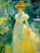 Impressionistisch schilderij van een vrouw in een tuin bij het water