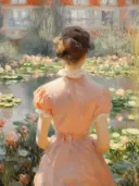 Impressionistisch schilderij van een vrouw in roze jurk bij een vijver