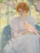 Impressionistisch portret van een vrouw met een kleurrijke vogel in een serre