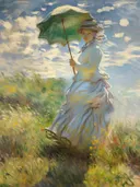Impressionistisch schilderij van een vrouw met parasol in een grasveld
