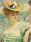 Impressionistisch portret van een vrouw met verenhoed aan het strand