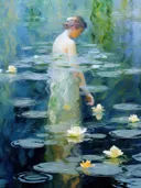 Impressionistisch schilderij van een vrouw tussen waterlelies in een vijver