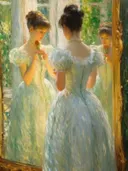 Impressionistisch schilderij van een vrouw die zichzelf bekijkt in een spiegel