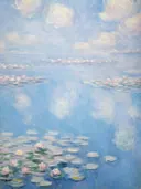 Waterlelies in vijver met wolkenspiegeling, impressionistisch schilderij van waterlelies in een vijver