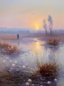 Impressionistisch schilderij van zonsondergang bij een vijver