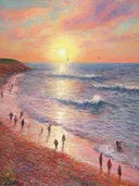 Impressionistisch schilderij van zonsondergang aan het strand met badgasten