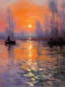 Impressionistisch schilderij van zonsopkomst boven een haven met zeilboten