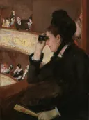 In de loge van Mary Cassatt: portret met vrouw, toneelkijker, loge en theater, in donkerbruin en zwart