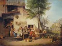 In Front of the Village Inn van Ignaz Raffalt: figuren met herberg, dorp, boeren en tafel, in warm bruin en groen
