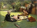 In Full Sunlight (En plein soleil) van James Tissot: figuren met picknick, tuin, gras en parasol, in fris groen en wit